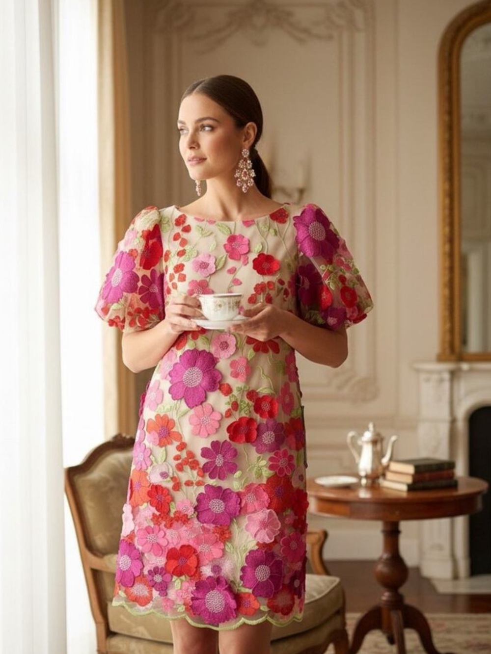 Eliza J Pink Multi 3D Floral Appliqué Embroidered Dress Size Zip Closure Size 8